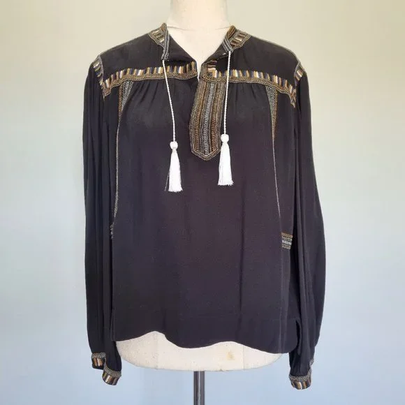 Isabel Marant Etoile Cabella Black Embroidered Peasant Blouse Size 36 - Picture 2 of 10